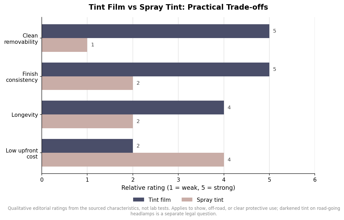 Grouped bar chart comparing tint film and spray tint on removability, finish, longevity and cost